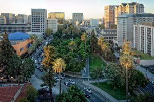 An aerial and panoramic view of the historic Plaza de Cesar Chavez in San Jose, CA for San Jose car accident lawyers helping with San Jose car accidents